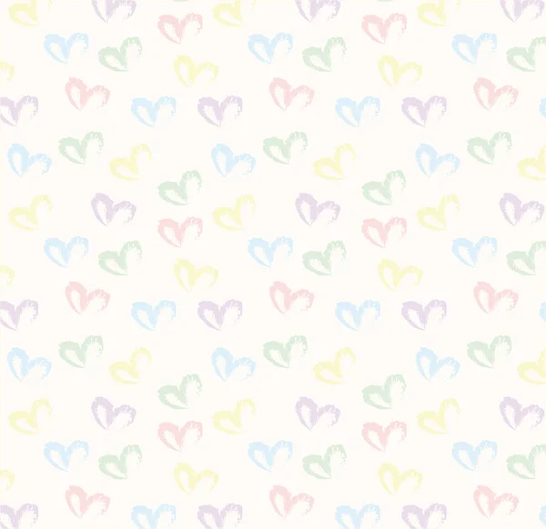 Seamless pattern of hand drawn simple hearts in pastel rainbow colors on beige and neutral background