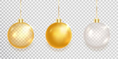 Altın ve gümüş noel balosu seti. Xmas altın madalyası. 3D lüks takı tasarım elemanı. Cam askılı oyuncak dekoru. Yeni yıl hediyesi. Parıldayan küre. Şenlikli hediye kartı. Vektör illüstrasyonu