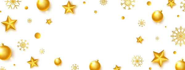 Marco de felicitación de Navidad con brillante bola de oro realista, estrellas y copo de nieve. Chic tarjeta de Año Nuevo. Frontera de celebración. Banner largo de vacaciones de lujo. Juguetes realistas de Navidad de vidrio dorado. Ilustración vectorial — Vector de stock