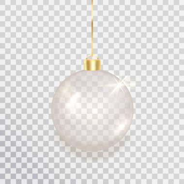 Şeffaf arkaplanda gümüş noel balosu. Şenlikli hediye kartı. Lüks takı tasarım unsuru. Xmas dekorasyonu. Cam askılı oyuncak dekoru. Yeni yıl hediyesi. Parıldayan küre. Vektör illüstrasyonu