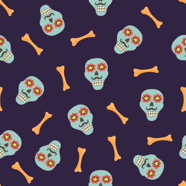 Kafatasları pürüzsüz. Dia de los Muertos kartı. Ölü Meksikalıların geçmişi. Meksika kültürü tatil dokusu. Cinco de Mayo. İşlemeli afiş. Vektör illüstrasyonu