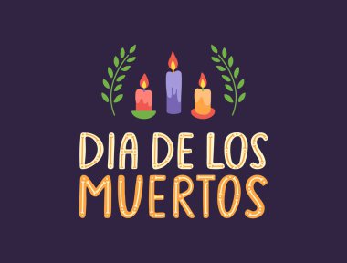 Dia de los Muertos el yazısı, içinde mumlar ve çiçek kartı var. Ölü Meksikalıların geçmişi. Ölüm şekli. Meksika kültür bayramı posteri. Cinco de Mayo. İşlemeli afiş. Vektör illüstrasyonu