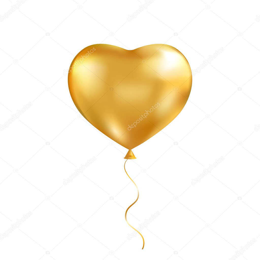 Gold heart balloon. Golden air baloon. Helium 3d love ballon. Valentine day background. Anniversary celebration party. Happy Birthday design element. Carnival holiday decoration. Vector illustration.