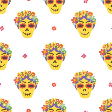 Kurukafalar kusursuz desen. Calavera Cadılar Bayramı tasarımı. Ölü Meksikalıların geçmişi. Dia de los Muertos kartı. Meksika tatil dokusu. Cinco de Mayo. İşlemeli afiş. Vektör illüstrasyonu