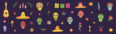 Ölü Meksikalı ikonlarının büyük seti. Dia de los Muertos el yapımı tasarım elementleri. Cinco de Mayo. Kafatası sembolü. Ölüm şekli. Meksika kültür bayramı posteri. İşlemeli afiş. Vektör illüstrasyonu