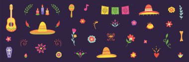 Dia de los Muertos benzersiz el yapımı tasarım elementleri. Meksika kültürü tatil posteri. Ölü Meksikalı ikonlarının büyük seti. Cinco de Mayo. Ölüm şekli. İşlemeli afiş. Vektör illüstrasyonu