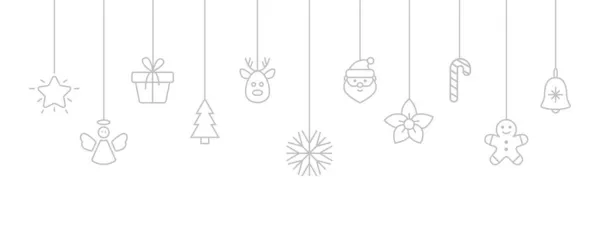 Kar tanesi, Noel Baba, Noel ağacı, ren geyiği, şeker kamışı, melek, hediye kutusu olan gümüş mücevherler. Yeni yıl kartı. Beyaz arka planda asılı duran bir Noel. Parti tasarım unsurları. Vektör illüstrasyonu — Stok Vektör