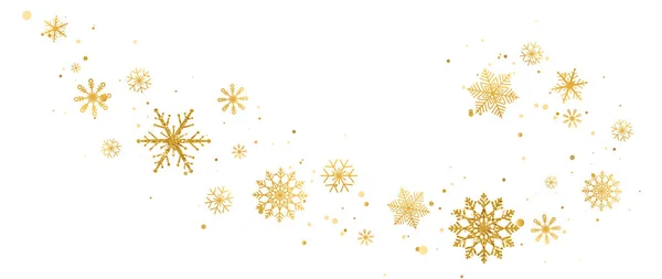 Goldene Schneeflocken winken auf weißem Hintergrund. Luxus Weihnachtsgirlanden Grenze. Fallende goldene Schneeflocken mit verschiedenen Ornamenten. Winterschmuck für Verpackung, Karte, Einladung, Web. Vektorillustration — Stockvektor