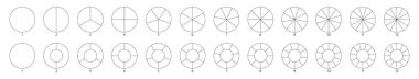 Segment slice sign. Circle section graph line art. Pie chart icon. 2,3,4,5,6, 8,10 segment infographic. Wheel round diagram part. Five phase, six circular cycle. Geometric element. Vector illustration