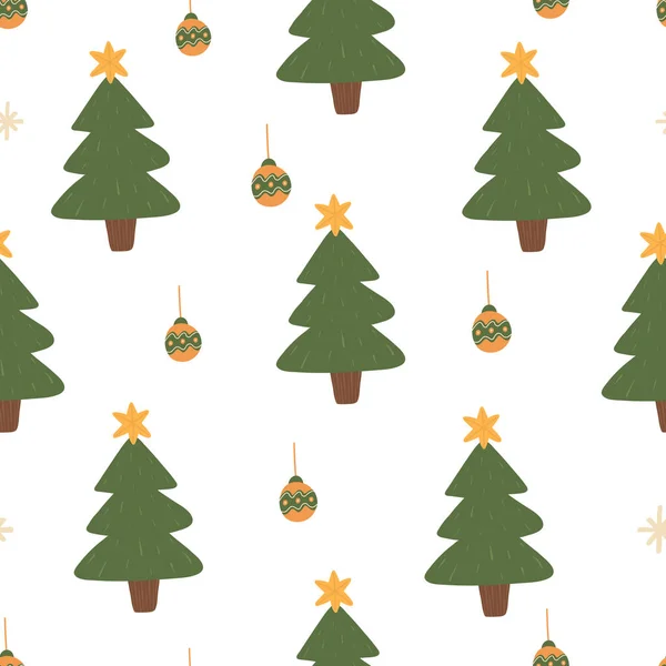 Hand drawn unique Christmas tree with balls seamless pattern. Xmas vintage texture. New Year banner. Noel decor. Festive card. Cartoon design. Poster, flyer, party invitation. Vector illustration — Image vectorielle