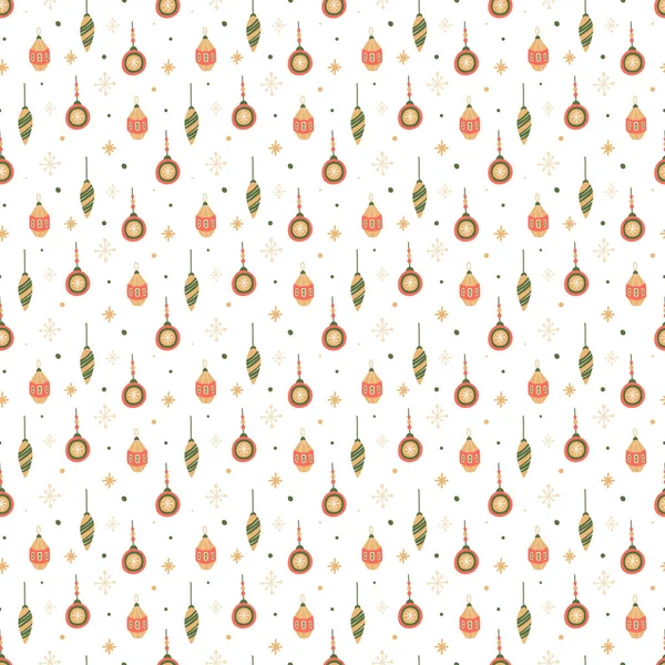 Christmas balls seamless pattern. Hand drawn unique Xmas vintage texture. New Year banner. Noel decor. Festive card. Cartoon design. Poster, flyer, party invitation. Vector illustration — Image vectorielle