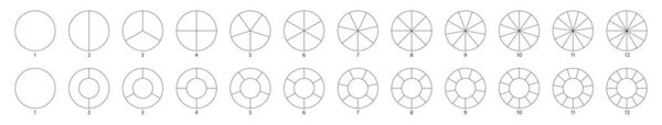 Segment slice sign. Circle section graph line art. Pie chart icon. 2,3,4,5,6, 8,10 segment infographic. Wheel round diagram part. Five phase, six circular cycle. Geometric element. Vector illustration