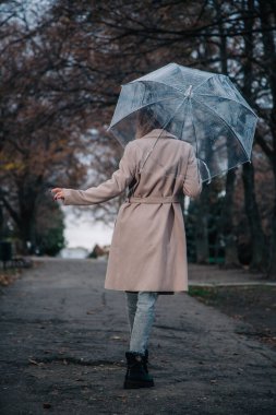 Paltolu genç, narin, güzel bir kız parkta şeffaf bir şemsiyeyle yağmurda yürüyor.