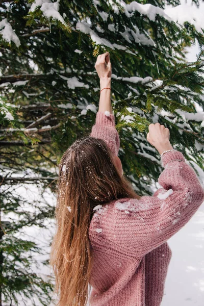 Młoda, wesoła dziewczyna posypana śniegiem pod gałęziami świerku w górach — Zdjęcie stockowe