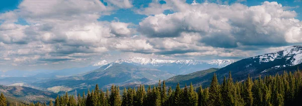 Karpat bahar dağlarının bulutlarla kaplı manzarası. Hoverla ve Petros dağlarının manzarası