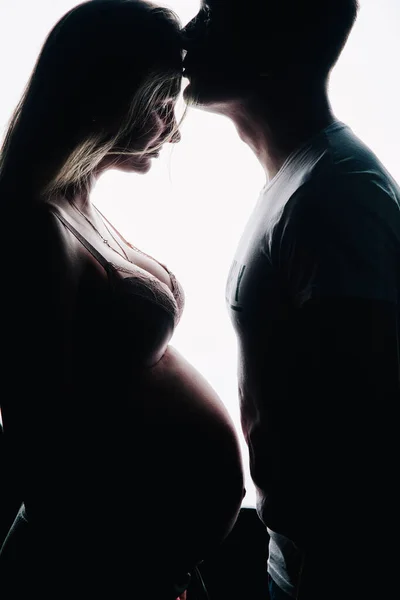 Silhouette Man Shirt Pregnant Woman Beautiful Underwear White Background Studio — Stock Photo, Image