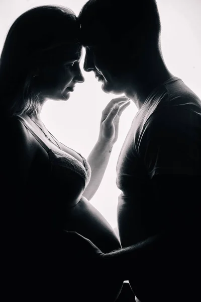 Silhouette Man Shirt Pregnant Woman Beautiful Underwear White Background Studio — Stock Photo, Image