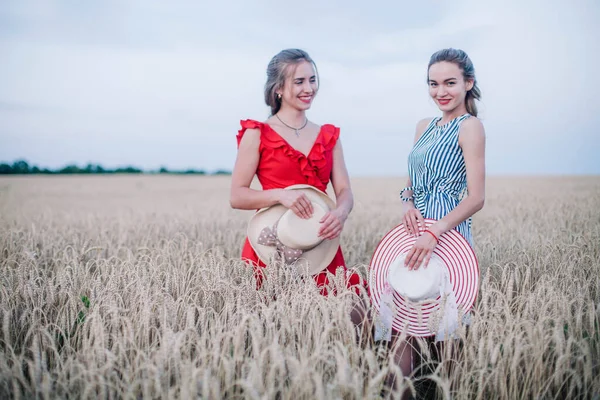 Dos Chicas Jóvenes Enamoradas Una Otra Orientación Tradicional Campo Trigo —  Fotos de Stock