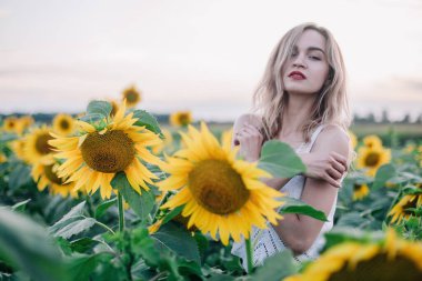 Tişörtü bol, ince saçlı genç bir kız gün batımında ayçiçeği tarlasında duruyor. Yüksek kalite fotoğraf