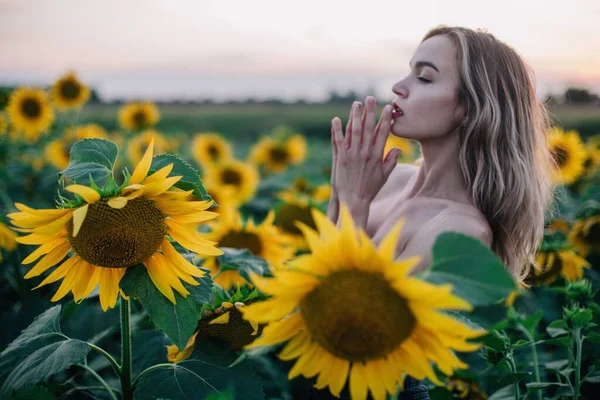 Giovane Snello Con Capelli Sciolti Campo Girasoli Tramonto Foto Alta — Foto Stock