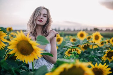 Tişörtü bol, ince saçlı genç bir kız gün batımında ayçiçeği tarlasında duruyor. Yüksek kalite fotoğraf