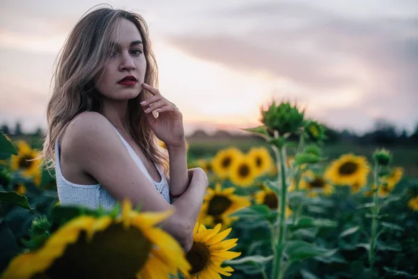 A young, slender girl with loose hair in a T-shirt stands in a field of sunflowers at sunset. High quality photo