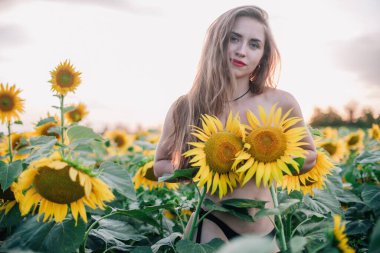 Genç, çıplak, ince saçlı bir kız gün batımında vücudunu ayçiçekleriyle kaplıyor. Yüksek kalite fotoğraf