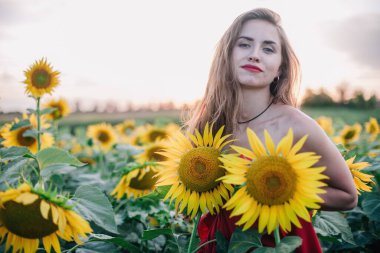 Genç, ince, gevşek saçlı bir kız, ayçiçeği tarlasında kırmızı bir elbiseyle kaplıdır. Yüksek kalite fotoğraf