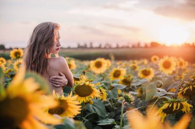 Genç, çıplak, ince saçlı bir kız gün batımında vücudunu ayçiçekleriyle kaplıyor. Yüksek kalite fotoğraf