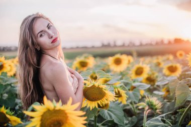 Genç, çıplak, ince saçlı bir kız gün batımında vücudunu ayçiçekleriyle kaplıyor. Yüksek kalite fotoğraf