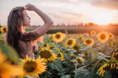 Genç, çıplak, ince saçlı bir kız gün batımında vücudunu ayçiçekleriyle kaplıyor. Yüksek kalite fotoğraf