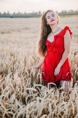 Genç, ince, parlak kırmızı elbiseli ve şapkalı seksi bir kız gün batımında buğday tarlasında duruyor. Yüksek kalite fotoğraf