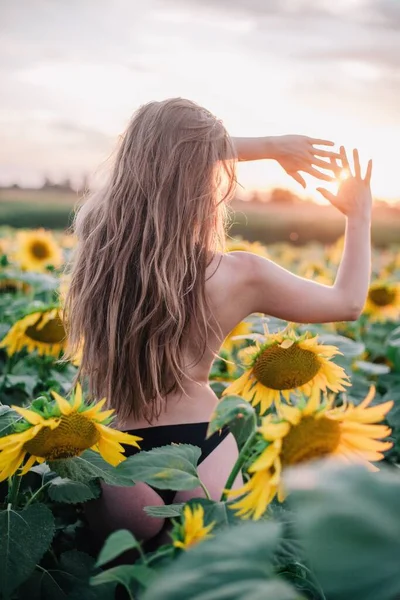 一个年轻的 赤裸的 细长的 蓬松的头发的女孩 日落时用向日葵包裹着她的身体 高质量的照片 — 图库照片
