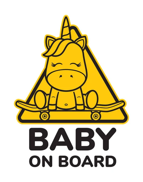 Vetor Amarelo Triângulo Sinal Adesivo Bebê Unicórnio Sentado Skate Com — Vetor de Stock