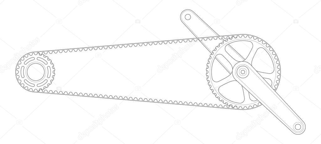 Vector black line bicycle crank with belt drives. Isolated on white background.