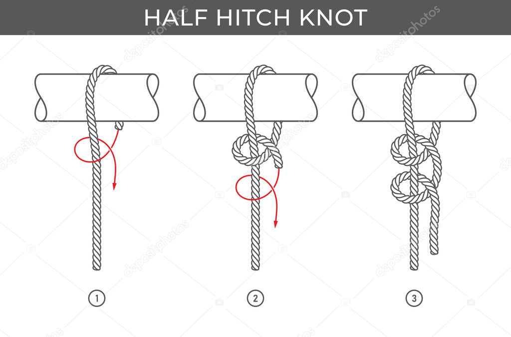 Vector simple instructions for tying a Half hitch knot. Three steps. Isolated on white background.