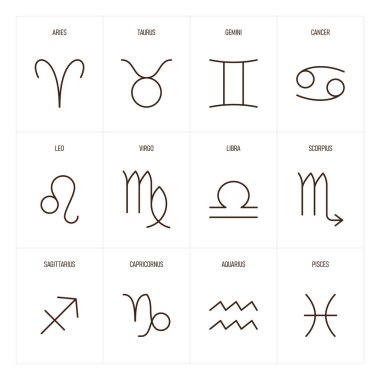 Vektör ışık çizgisi astroloji sembolleri. Zodiac basit stil işaretleri. Beyaz arkaplanda izole.