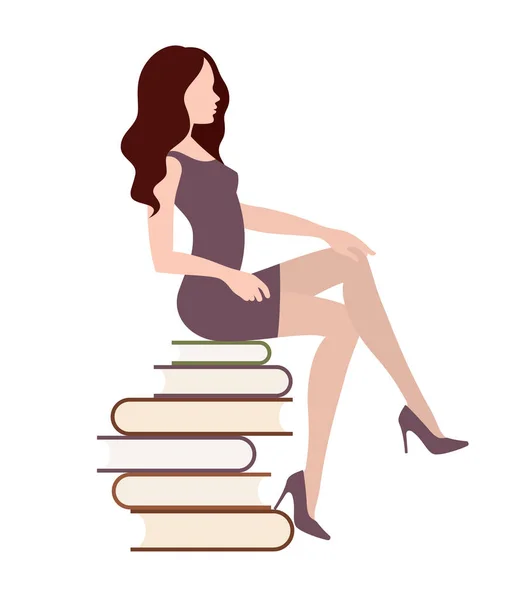 Mulher Vectora Sentada Nos Livros Isolado Sobre Fundo Branco —  Vetores de Stock