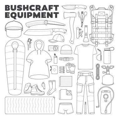 Bushcraft (hayatta kalma) ekipmanlarının vektör listesi simgeleri. Beyaz arkaplanda izole.