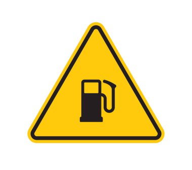 Vektör sarı üçgen işareti - siyah siluet benzin istasyonu. Beyaz arkaplanda izole.