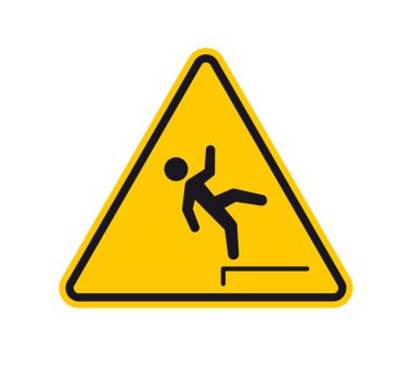 Vektör sarı üçgen işareti - siyah siluet düşen figür. Düşme tehlikesi. Beyaz arkaplanda izole.
