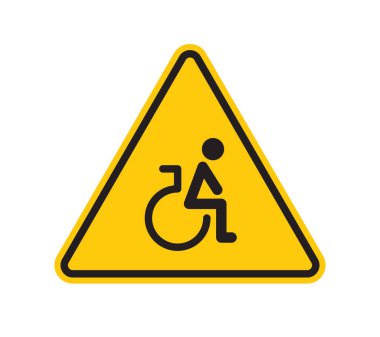 Sarı vektör üçgeni tehlike işareti. Tekerlekli sandalye kullanıcısına dikkat. Beyaz arkaplanda izole.