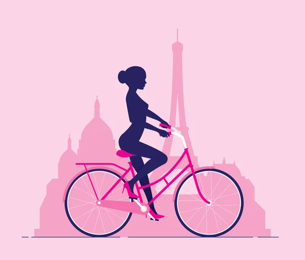 Vector Junge Schöne Frau Fährt Ein Rosa Fahrrad Durch Paris — Stockvektor