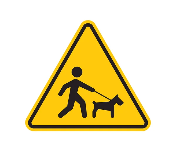 矢量黄色三角形符号黑色轮廓男人走他的狗 因白人背景而被隔离 — 图库矢量图片