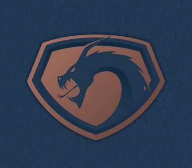 Ejderha sembollü vektör mavisi arma. Yapraklı mavi arkaplan.