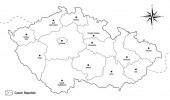 Vektorová jednoduchá černobílá mapa České republiky s vyznačenými regiony a názvy krajských měst.