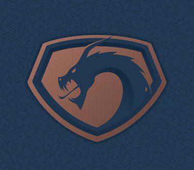 Ejderha sembollü vektör mavisi arma. Yapraklı mavi arkaplan.