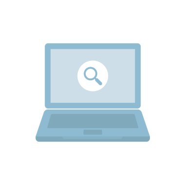 Arama sembollü vektör dizüstü bilgisayar. Uyarı simgesi. Beyaz arkaplanda izole.