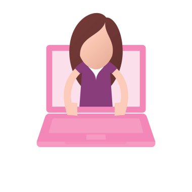 Ekranda beliren kadının olduğu pembe dizüstü bilgisayar sembolü. Beyaz arkaplanda izole.