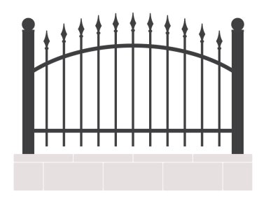 Mızraklı siyah demir parmaklıklı klasik bir duvar. Beyaz arkaplanda izole.